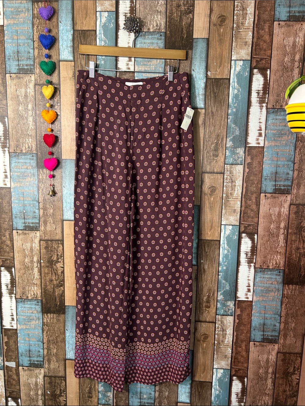 Anthropologie Burgundy Wide-Leg Pants with Multicolor Medallion Print